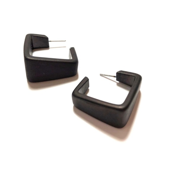 Wide Cubist Frosted Lucite Hoop Black Earrings - Picture 3 of 7